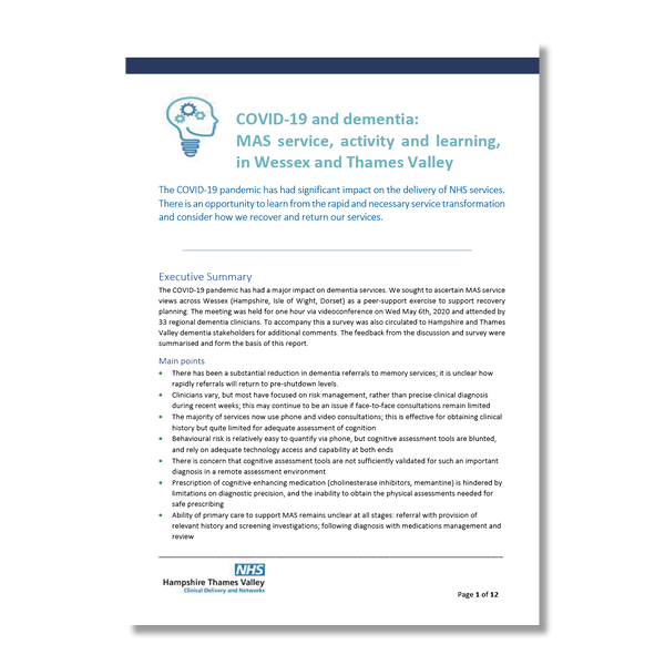 COVID-19 and dementia: MAS service, activity and learning